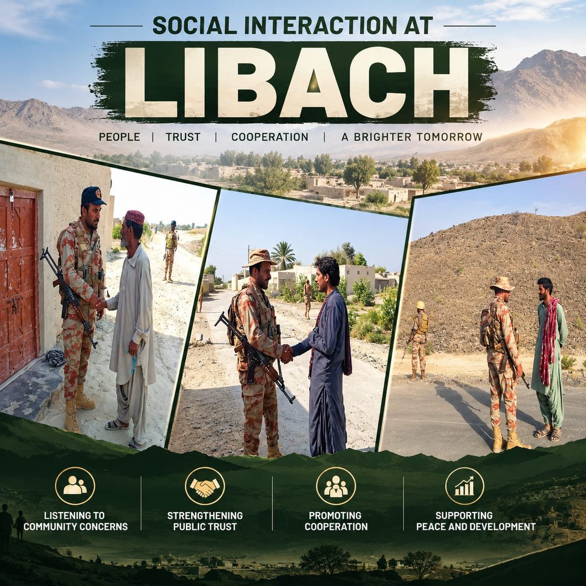 ZartajLeghari's tweet photo. Social Interaction at Libach 🤝
Pakistan Army personnel engaged with locals, listened to their concerns, and promoted trust, peace, and community development.
#Libach #PakArmy #CommunityEngagement #PeaceAndStability https://t.co/tEoi5sjF0u
