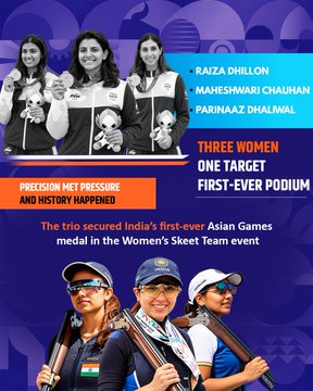 AkashvaniAIR's tweet photo. Three women. One target. ONE HISTORIC PODIUM!

Raiza, Maheshwari and Parinaaz had secured India’s first-ever Asian Games medal in Women’s Skeet Team. 🎯🥉🇮🇳

#BharatKiChampions https://t.co/hiLQpgMPs9