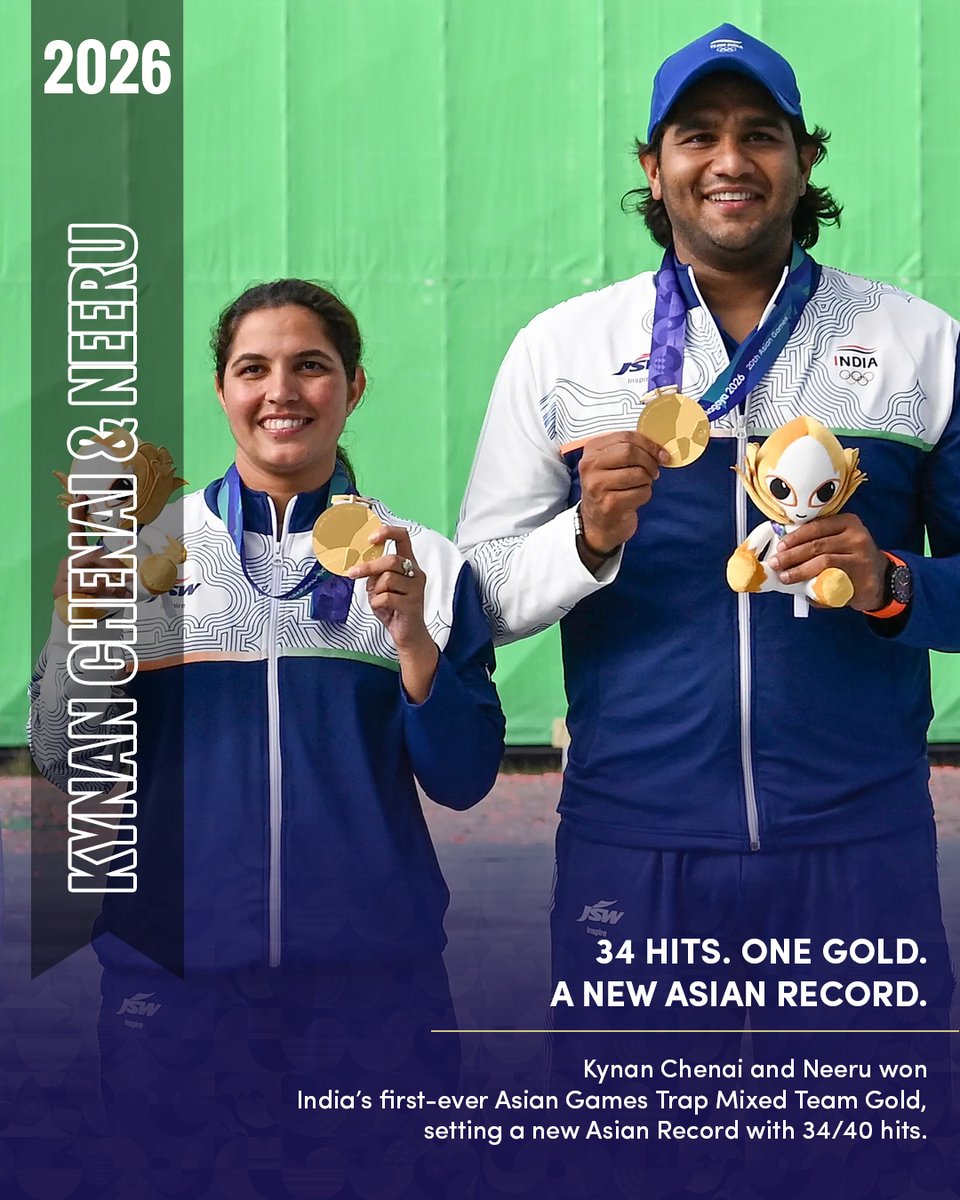 STC_Bengaluru's tweet photo. 34 HITS. ONE GOLD. ONE RECORD. 🎯🥇Kynan Chenai &amp; Neeru delivered a historic Trap Mixed Team Gold for India and set a new Asian Record with 34/40! 🇮🇳🔥 Talk about hitting the bullseye!
 #BharatSetsNewRecords https://t.co/j5IDhTOj8V