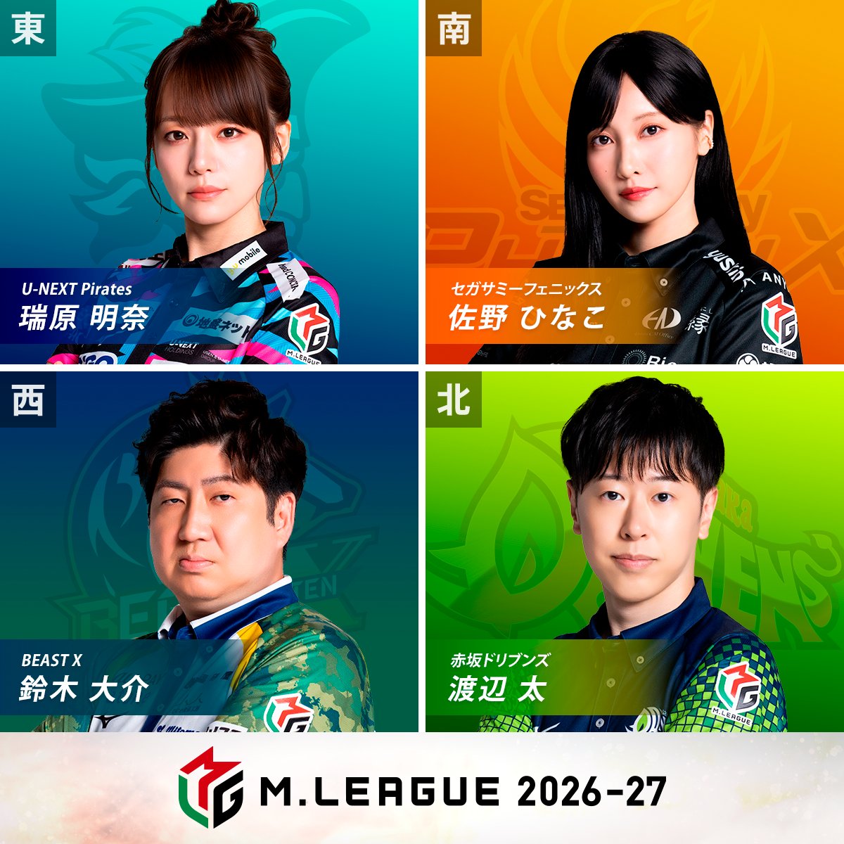 m_league_'s tweet photo. 【２卓同時開催】

大和証券 #Mリーグ 2026-27
10/5(月) レギュラーシーズン
13日目/94日

🎥麻雀2ch🎥
第1️⃣試合の出場選手

東家：#瑞原明奈
U-NEXT Pirates

南家：#佐野ひなこ
セガサミーフェニックス

西家：#鈴木大介
BEAST X

北家：#渡辺太
赤坂ドリブンズ

実況：#山本亜衣
解説：#土田��翔
