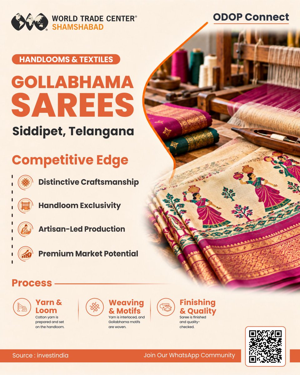 wtcsvgh's tweet photo. Siddipet's Handloom Heritage

Known for its distinctive Gollabhama motifs and intricate handloom weaving, Siddipet’s iconic saree brings together craftsmanship, tradition and cultural identity.

#Siddipet #GollabhamaSaree #Telangana #Handlooms #GIProducts #IndianTextiles

Join our WhatsApp community to connect with us: https://t.co/la619wsQA1