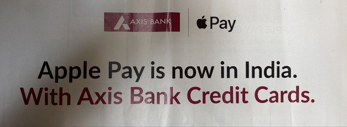Techonommie's tweet photo. Apple Pay is here with Axis Bank credit cards. 
Do you think this will pose a serious threat to existing players in India - PhonePe, GPay ?? https://t.co/gbmMD4IPnS