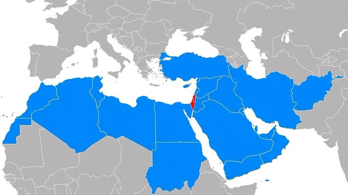 A map highlighting Israel in red and surrounding Middle Eastern and North African countries in blue.