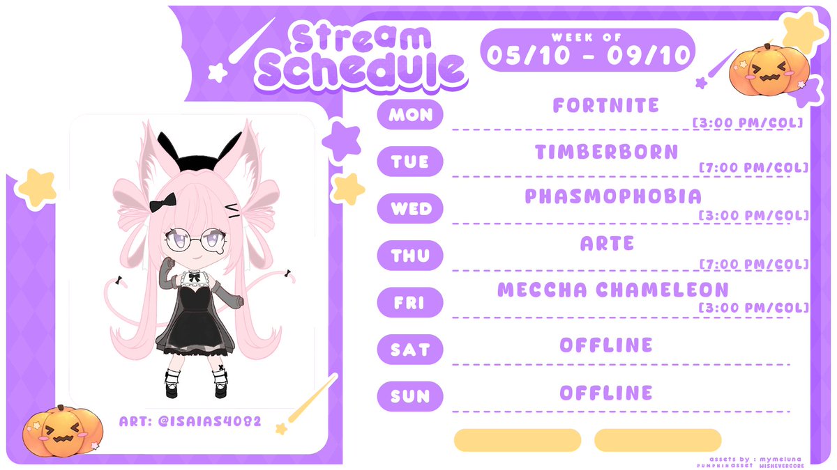 Caynius's tweet photo. 🎃Horario de la semana ♡(੭´͈ ᐜ `͈)੭
~ 05 octubre - 09 octubre ~
🟣https://t.co/chSdgvugs7
Oshi Mark: ✨🌸
General: #Caynius
Clips: #Caynews
Fanarts: #CayArt
NSFW: #Cayniudes
🎨@Isaias4082
#VtuberES #twitch https://t.co/MAOs8pmmeP