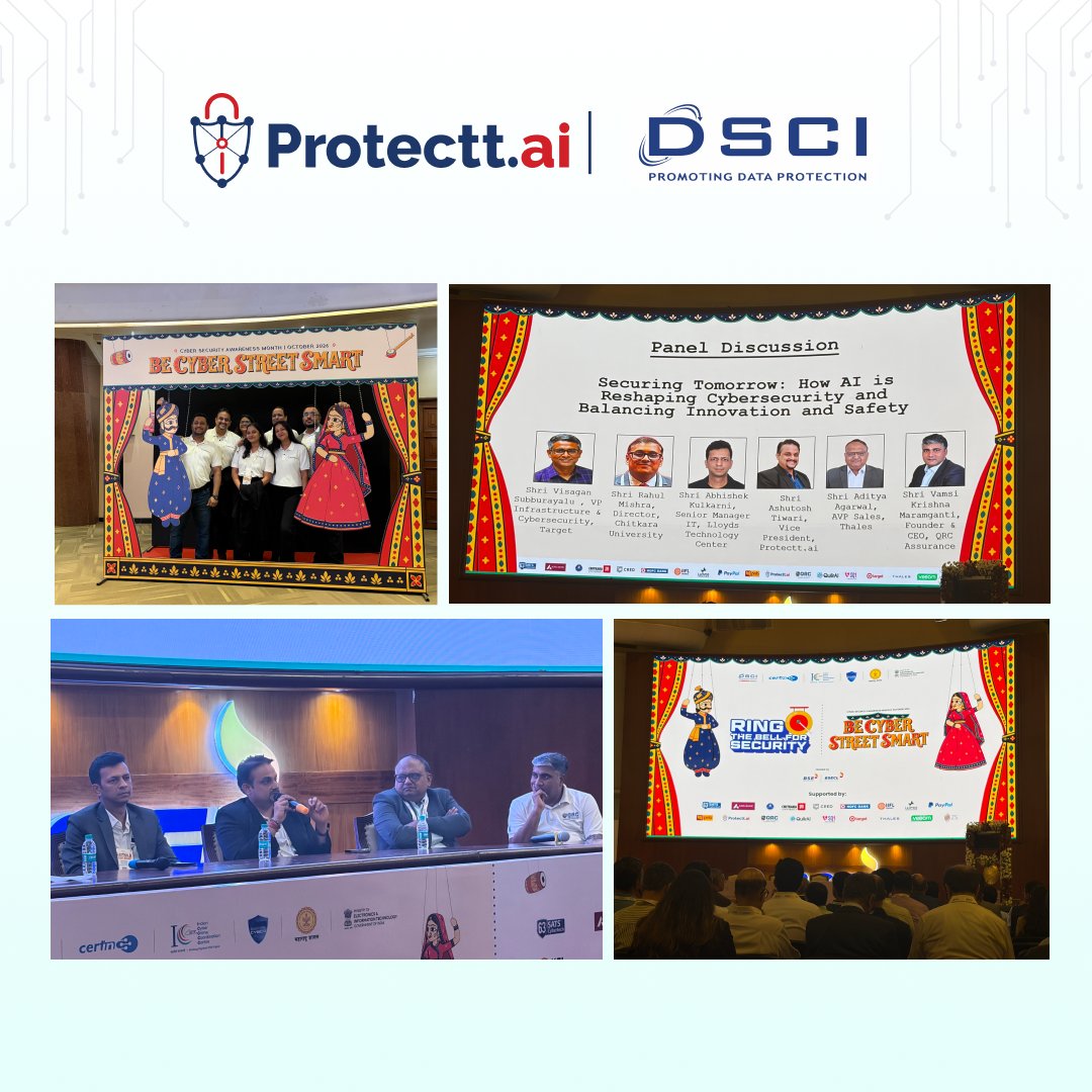 protectt_ai's tweet photo. Ringing the bell to celebrate #CybersecurityAwarenessMonth with @DSCI_Connect  and industry leaders. A powerful conversation on how #AI is reshaping cybersecurity.

#BeCyberStreetSmart #Protecttai #MobileAppSecurity #CyberSecurity #DigitalTrust #DSCI https://t.co/mEtf8EUduT