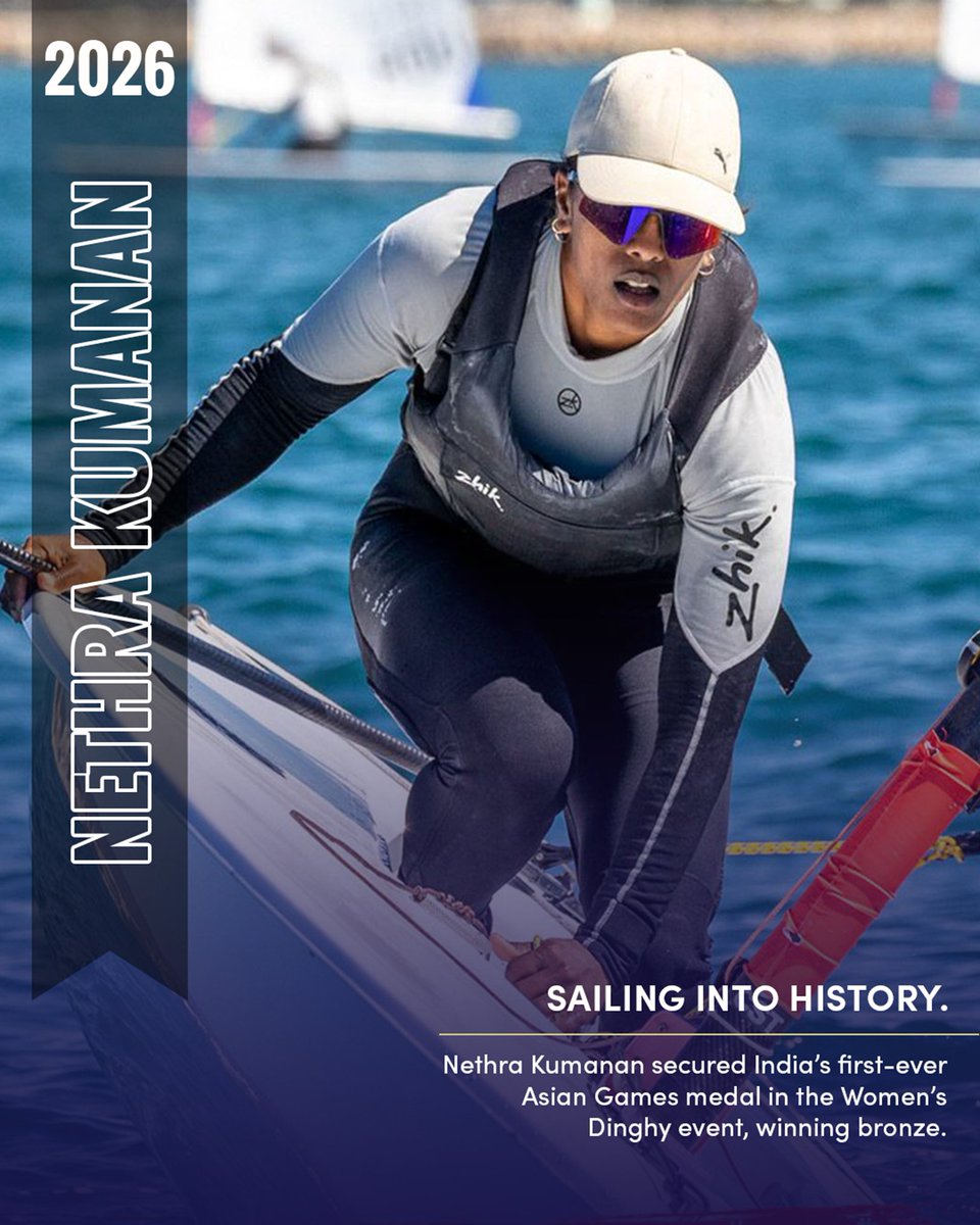 STC_Bengaluru's tweet photo. Nethra Kumanan sailed straight into the history books! ⛵🇮🇳 She secured India’s first-ever Asian Games medal in the Women’s Dinghy event with a historic bronze. 🌊🥉
 #BharatSetsNewRecords https://t.co/zl9Te7yYvG
