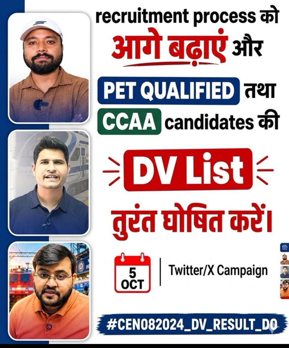 sonuKum14986110's tweet photo. इंतज़ार खत्म करो, DV List जारी करो
Respected 
@AshwiniVaishnaw
 Sir 
@RailMinIndia thousands of hardworking PET Qualified &amp; CCAA candidates are awaiting their rightful next step. Kindly expedite the process and declare the CEN 08/2024 DV List immediately
#CEN082024_DV_RESULT_DO https://t.co/ks6KnGAADl