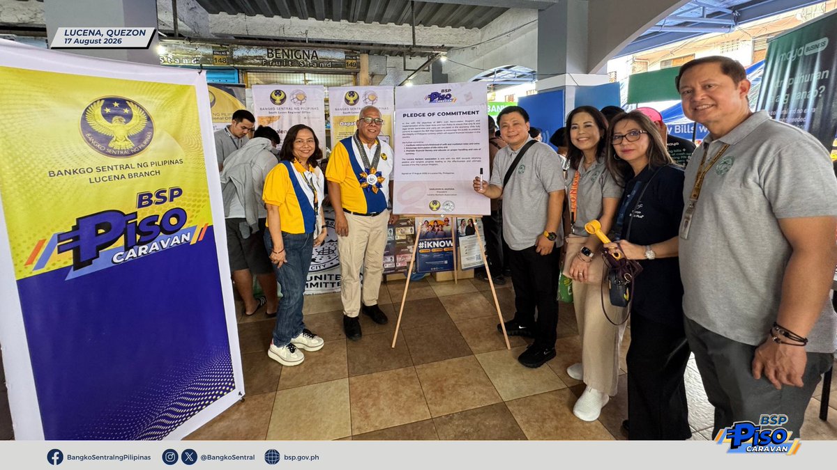 BangkoSentral's tweet photo. LUCENA CITY, PALENG-QR PH PLUS-READY NA, CURRENCY EXCHANGE PARTNER PA!

Pormal nang inilunsad sa Lucena City ang Paleng-QR Ph Plus (PQPP) upang palawakin ang paggamit ng QR Ph bilang ligtas, mabilis, at convenient na paraan ng pagbabayad sa mga pamilihang bayan, pampublikong sasakyan, at iba pang negosyo.

Isinagawa ang paglulunsad sa Lucena City Public Market noong 17 Agosto 2026 sa pangunguna nina Lucena City Mayor Mark Don Victor Alcala, Vice Mayor Roderick “Dondon” Alcala, City Administrator Anacleto “Jun” Alcala Jr., at Bangko Sentral ng Pilipinas Lucena Branch Area Director Alvin Bermido.

Bilang bahagi rin ng aktibidad, pumirma ng pledge of commitment ang Lucena Bankers Association (LBA) bilang Currency Exchange Partner sa ilalim ng BSP Piso Caravan Program. Sa pakikipagtulungan sa LBA, maaaring magsagawa ng currency exchange activities sa mga susunod na aktibidad at events, kung kinakailangan.

Layunin ng BSP Piso Caravan na mas mapadali at mapalapit sa publiko ang pagpapapalit ng marurumi (unfit) at sira-sirang (mutilated) salapi.

#PalengQRPhPlus #QRPh #LetsGetDigitALL #DigitalPayments #BSP