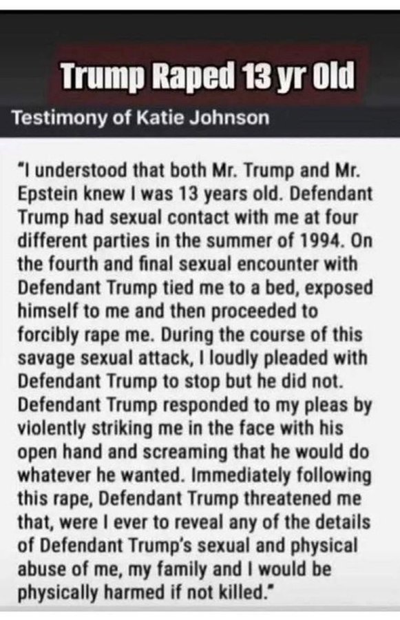 ROBERTALINDON's tweet photo. These are the actions of Trump and Epstein and the Republicans and MAGA do not CARE!  Every person that backs Trump and his cult with Epstein will have to answer to God as to why they protected such vial child rapist and men of torture,  and God , well  he cherishes  his children https://t.co/k0z9I0kGM2
