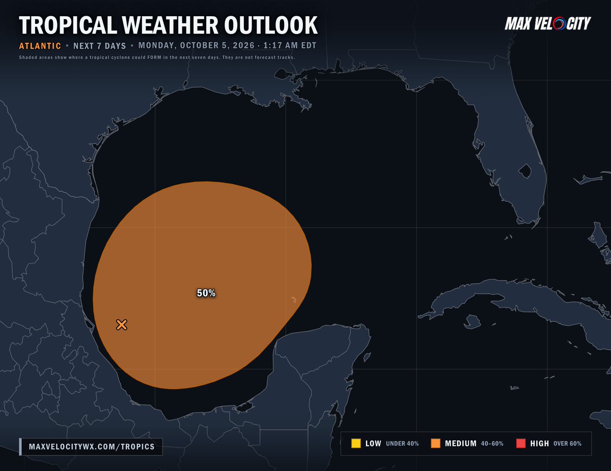 MaxVelocityWX's tweet photo. The chances of a tropical cyclone forming later this week in the southwestern Gulf have gone up to 50%... https://t.co/wUm1swe5hB