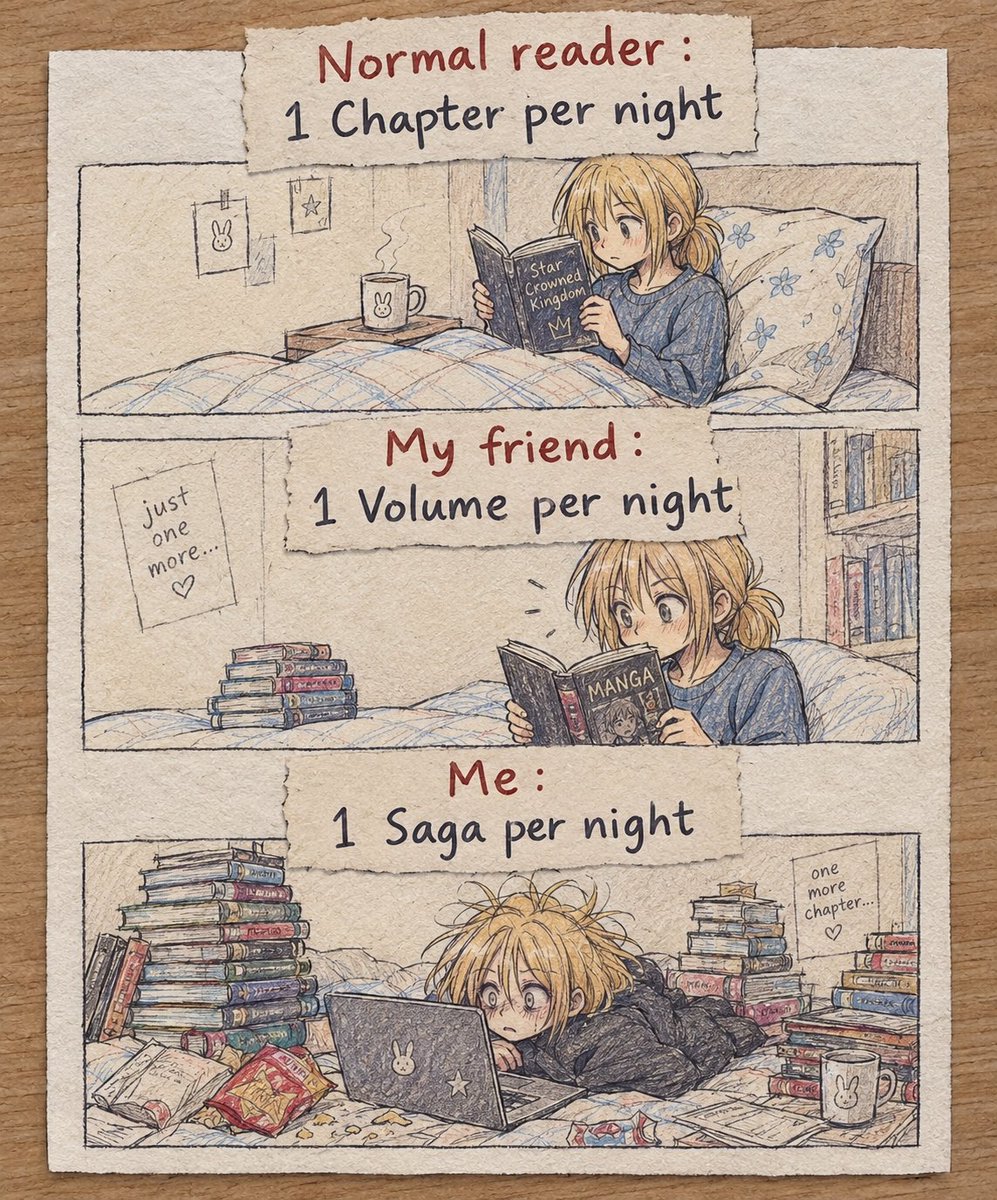 Guiller48209608's tweet photo. The evolution of a binge reader: from cozy chapters to sleep deprived chaos. which stage are you in tonight? 
#BookMemes #TheReadingStruggle #Bibliophile #Relatable #BookWorm #JustOneMoreChapter #BookLife #CurrentRead https://t.co/n5WccEuCnc