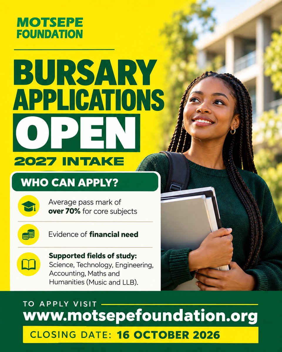 CPUT's tweet photo. Applications for the Motsepe Foundation Bursary are OPEN for the 2027 intake.

For applicants to apply, please use the following link:  https://t.co/qY66Wjn4Wo

Closing Date:16 October 2026

Please note that applicants should submit all required supporting document to avoid disqualification.