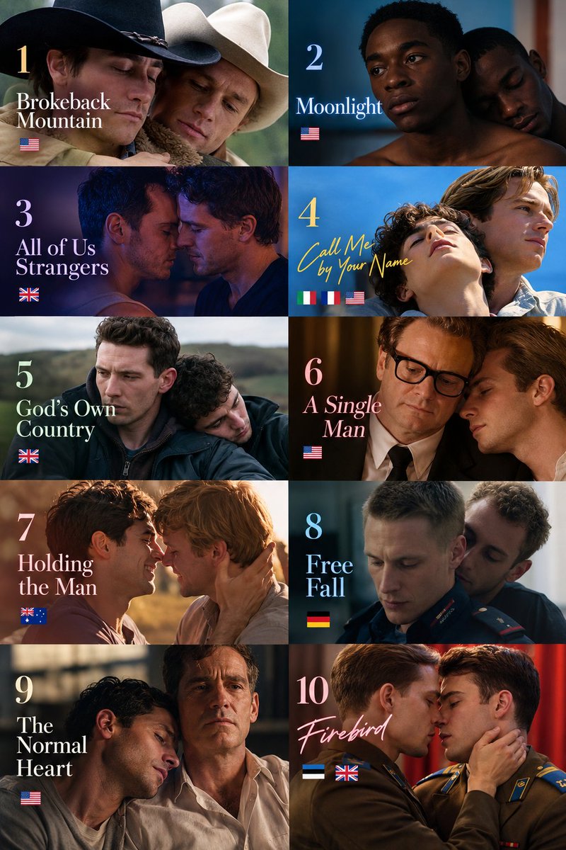 Francoballer1's tweet photo. If you want gay/queer movies that are genuinely heartbreaking, these 10 can absolutely leave you staring at the screen after the credits:

Which one break you the the most?

1)Brokeback Mountain (2005) 🇺🇸 — Love, secrecy, regret, and a devastating ending.

2)Moonlight (2016) 🇺🇸 — A deeply emotional story about identity, loneliness, and love.

3)All of Us Strangers (2023) 🇬🇧 — Grief, loneliness, love, and unresolved childhood pain.

4)Call Me by Your Name (2017) 🇮🇹🇫🇷🇺🇸 — First love that feels beautiful until reality catches up.

5)God's Own Country (2017) 🇬🇧 — Two men finding tenderness while dealing with isolation and vulnerability.

6) A Single Man

7)Holding the Man (2015) 🇦🇺 — A decades-long love story that becomes increasingly heartbreaking.

8)Free Fall (2013) 🇩🇪 — A complicated romance that clashes with expectations and responsibility.

9)The Normal Heart (2014) 🇺🇸 — Love and loss during the AIDS crisis; emotionally brutal.

10)Firebird (2021) 🇪🇪🇬🇧 — A forbidden military romance filled with longing, secrecy, and heartbreak.