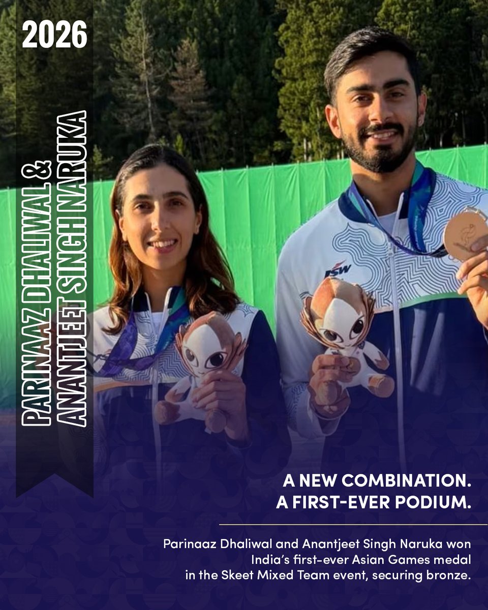 STC_Bengaluru's tweet photo. New combination. New medal. NEW HISTORY. 🚨🇮🇳
 Parinaaz Dhaliwal &amp; Anantjeet Singh Naruka put India on the Skeet Mixed Team podium for the first time ever! 🎯🥉
 #BharatSetsNewRecords https://t.co/utwOnxLNVG