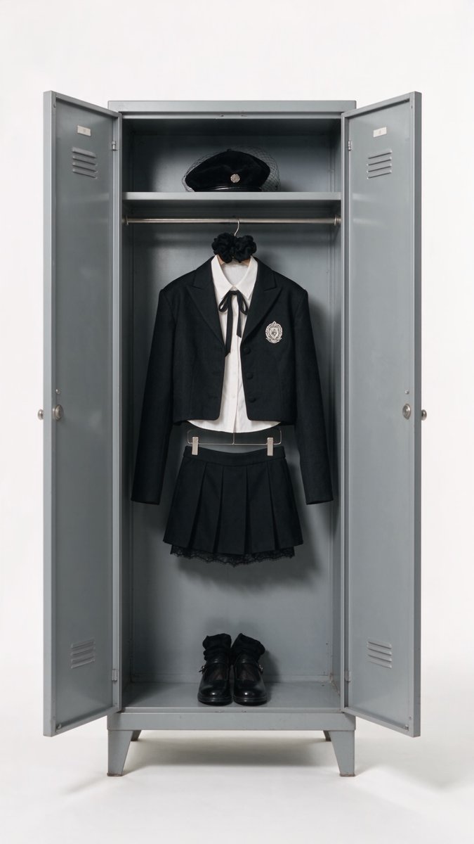 An open gray metal locker containing a black and white school uniform outfit, including a blazer with a crest, a white shirt with a tie, a pleated skirt, a black cap, and black shoes.