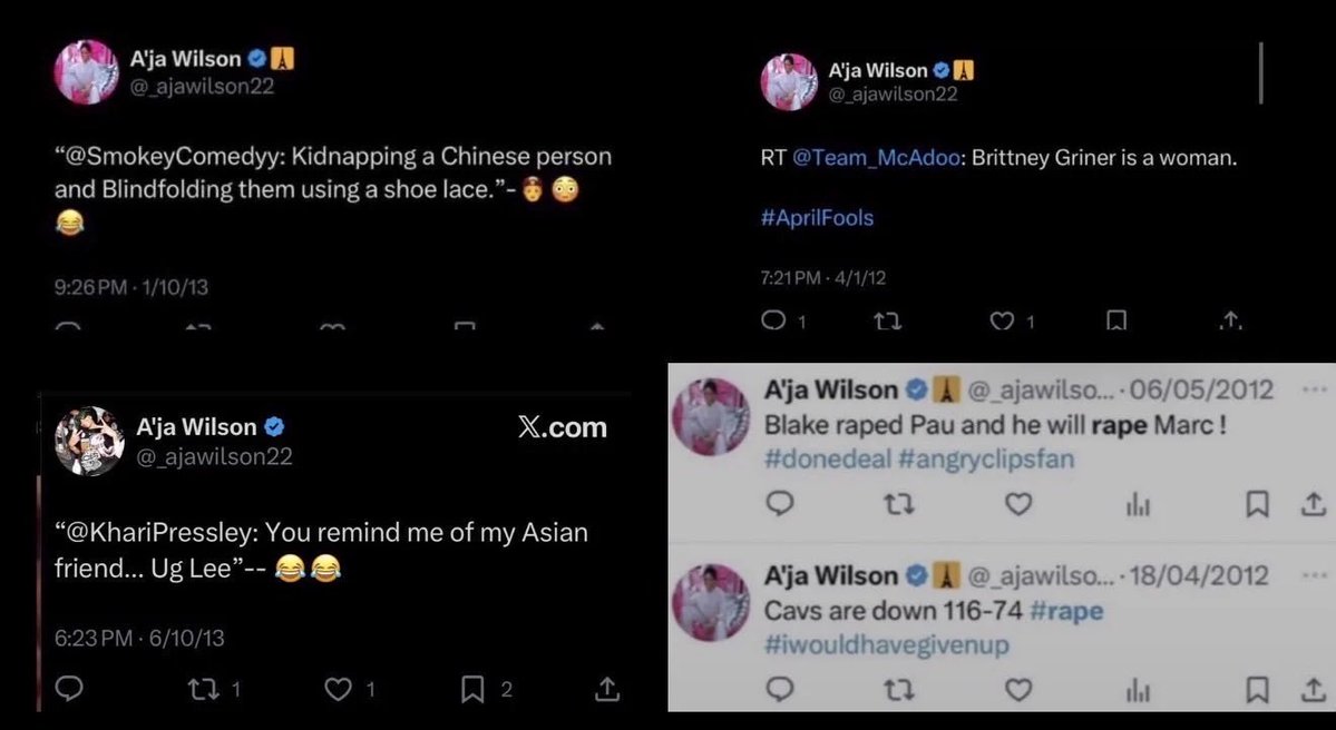 Rosa_taxidriver's tweet photo. And aja wilson still hasnt apologized for these tweets https://t.co/QqucB1xTM5