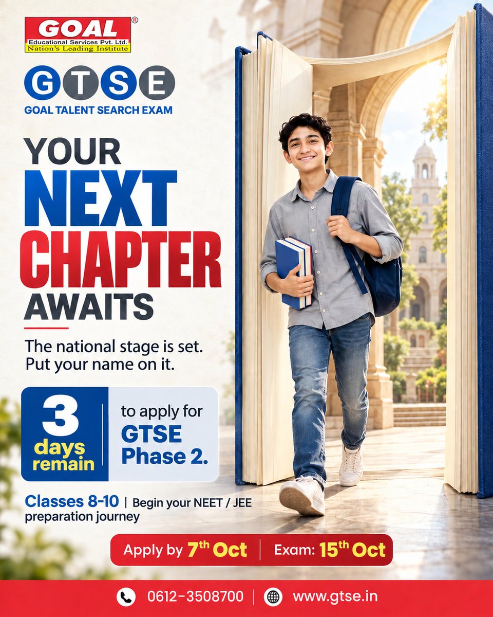 goalpatna's tweet photo. Big dreams start with one form. Take your talent to the national stage with GTSE!
For Classes 8–10 | Apply by 7 October
Register now :- https://t.co/0Ji4iCw2sZ
#GTSE #GoalInstitute #RegisterNow #TalentSearchExam #ScholarshipTest #FutureDoctors #FutureEngineers https://t.co/uVJK7XKn53