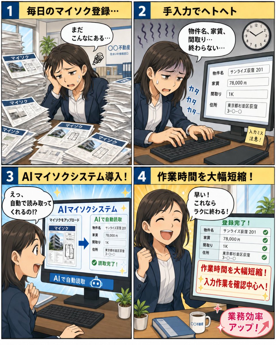 softbitjb's tweet photo. \ 不動産の「手入力ヘトヘト」問題、解決します /
不動産図面(マイソク)の転記作業に追われ、本来やりたい営業活動や顧客対応の時間が削られていませんか?
🤖 AIがマイソクを自動で読み取り・データ化
⏱️ 作業時間を大幅短縮
✅ 入力間違いのリスクを軽減
詳しくはプロフで
#AIOCR #物件登録 https://t.co/9bPfNHw2cx