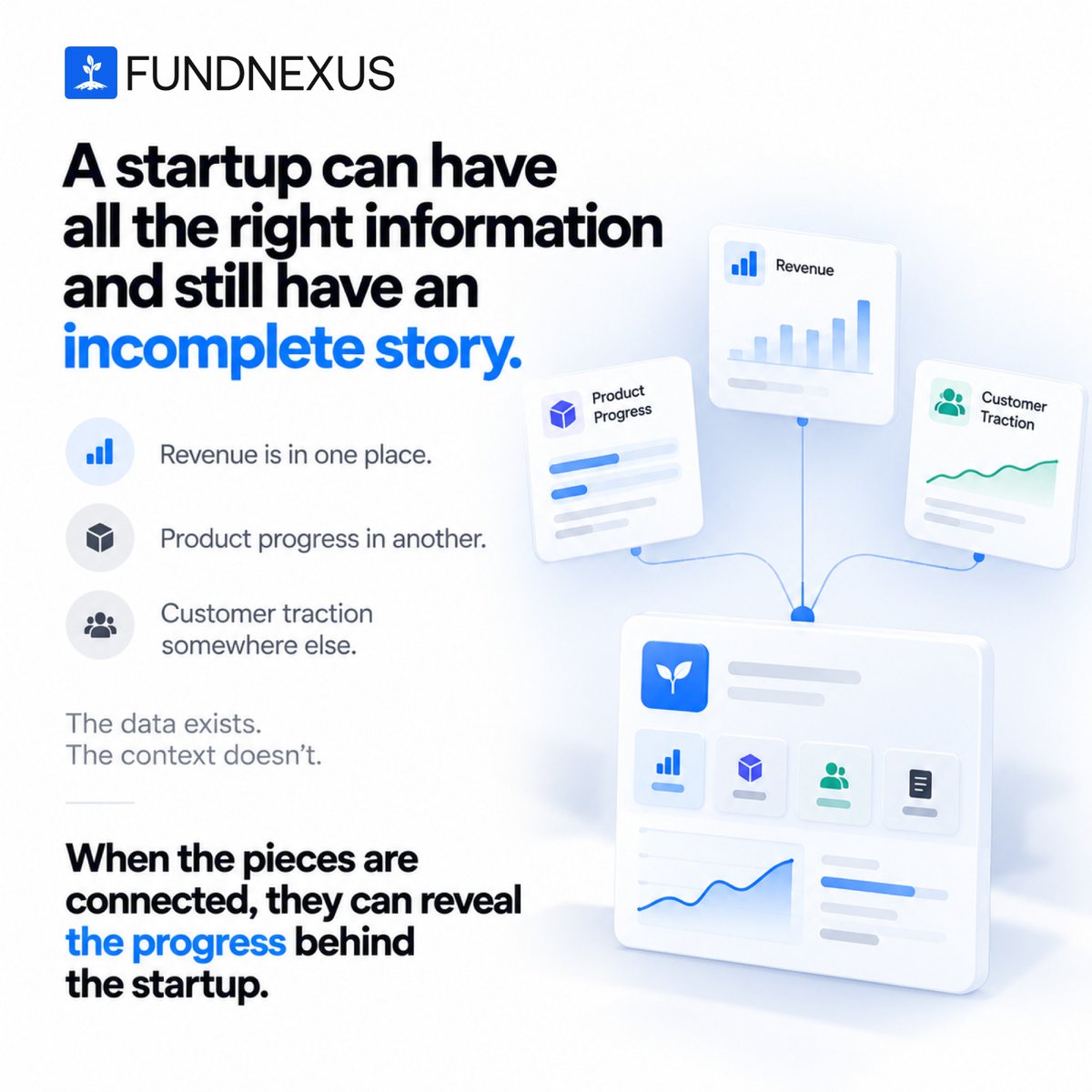 Fund_Nexus's tweet photo. A startup can have all the right information and still have an incomplete story.

Revenue, product progress and customer traction may exist in different places.

The data exists. The context doesn't.

Connecting the pieces reveals the progress.

#FundNexus #StartupIntelligence https://t.co/3PlaeTy4gi