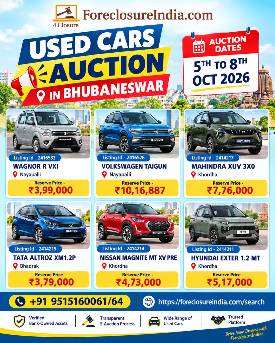 4ClosureIndia's tweet photo. USED CARS AUCTION IN BHUBANESWAR - Foreclosureindia
AUCTION DATES - 5TH TO 8TH OCT 2026
📞 Connect With Us: +91 9515160061/64
🔎 Explore Now: https://t.co/XS1pc7GLlx

#Foreclosureindia #CarAuction #VehicleAuctions @4ClosureIndia https://t.co/Q2o7L0a7L3