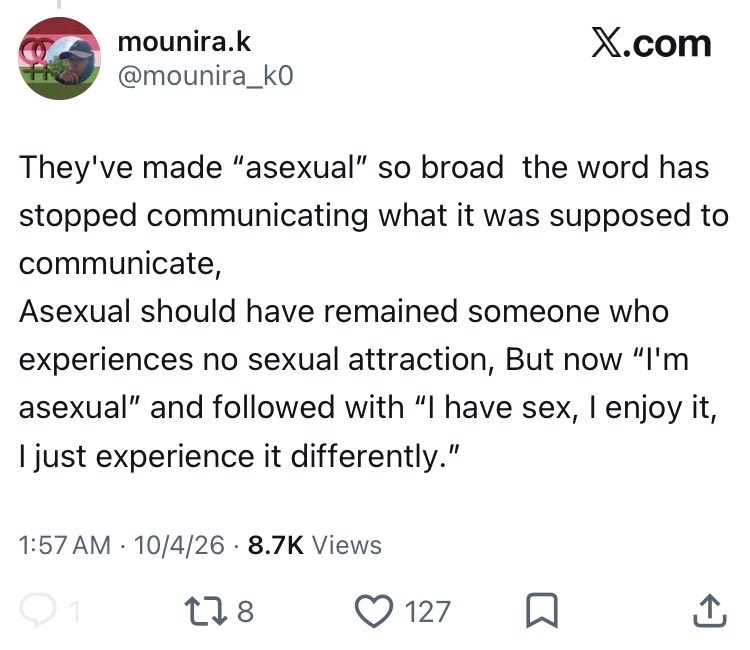 T_Marie60's tweet photo. Jesus h Christ there’s so much to unpack here 
asexual still means what it means it didn’t stop communicating anything 
Every ace’s and ace spec’s experience with attraction and sex is different 
Instead of taking the time to understand you make it sound like an inconvenience- https://t.co/F0XYhb112Y