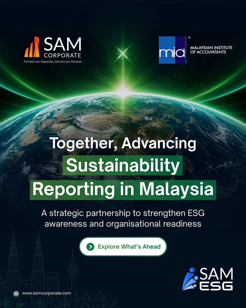 SamCorporate's tweet photo. SAM Corporate is proud to be an MIA Privileges Partner, supporting ESG awareness and sustainability reporting readiness in Malaysia.

Explore more: https://t.co/lx9pXOeHFW

#SAMCorporate #MIA #ESG #Sustainability #ESGReporting https://t.co/d5Kzap7Q7B