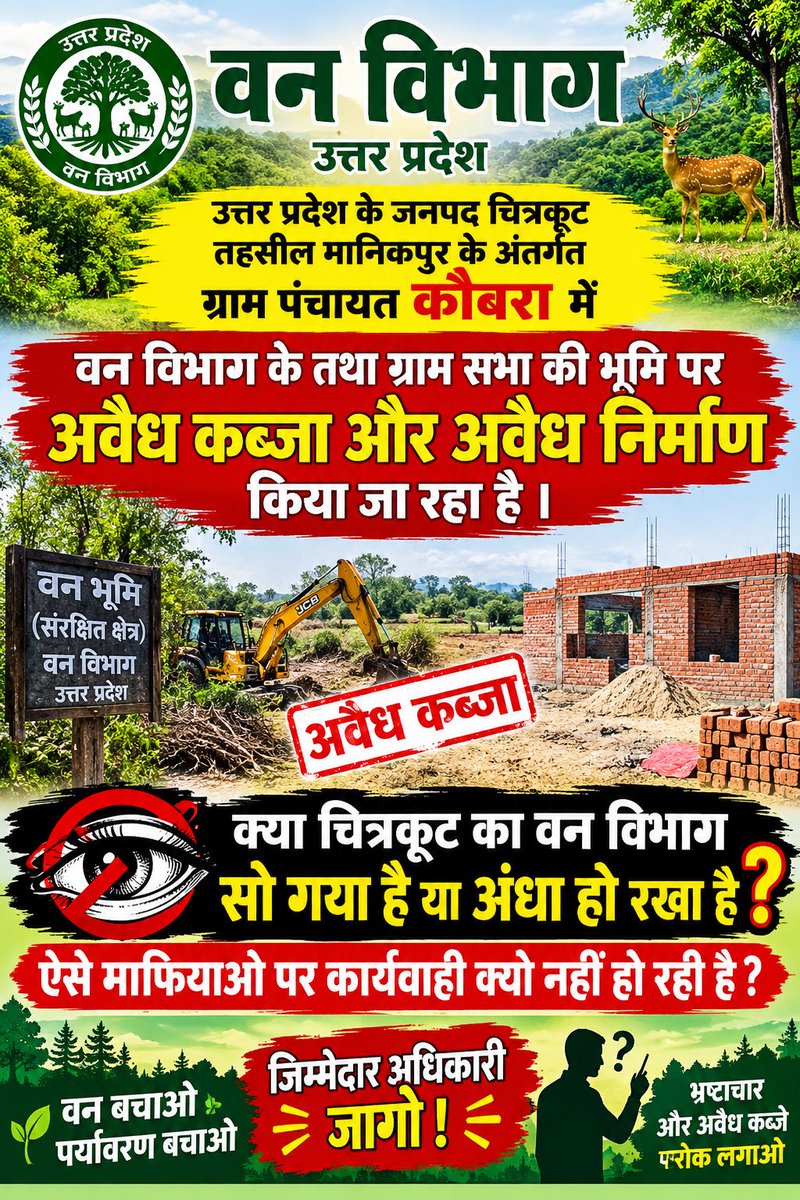 ShivVrandavan's tweet photo. 🚨 वन विभाग से सवाल 🚨

चित्रकूट जनपद | तहसील मानिकपुर | ग्राम पंचायत कौबरा

🌳 वन विभाग एवं ग्राम सभा की भूमि पर अवैध कब्जा और अवैध निर्माण का आरोप!

क्या चित्रकूट का वन विभाग सो गया है?
या फिर जानबूझकर आँखें बंद किए बैठा है?

❓ ऐसे अवैध कब्जेदारों/निर्माणकर्ताओं पर कार्रवाई क्यों नहीं हो रही?

प्रशासन एवं वन विभाग से मांग है कि मामले की निष्पक्ष जाँच कराकर सरकारी भूमि को अवैध कब्जे से मुक्त कराया जाए और दोषियों पर नियमानुसार कार्रवाई की जाए।

जनहित में आवाज़ उठाएँ — सरकारी भूमि बचा@Igrangelucknow @AshwiniUpadhyay @CMOfficeUP @ChitrakootDm @chitrakootpol @NFFC @rangechitrakoot @anuj_hanumat @amar__mishra