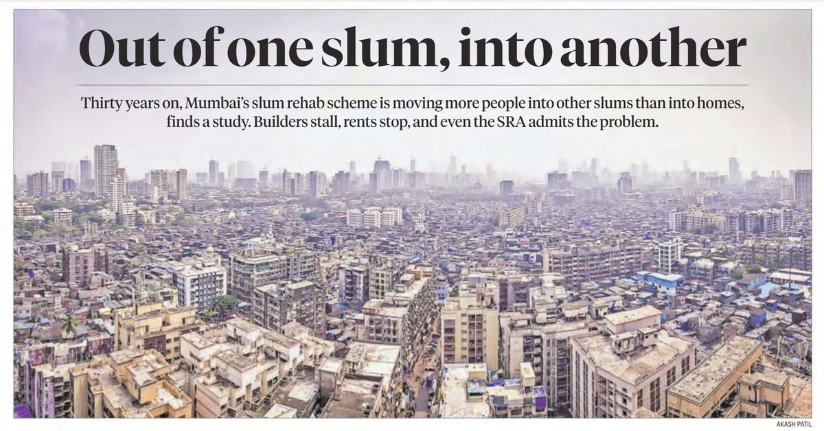 sabahvir's tweet photo. 30 years on, slum rehabilitation is pushing more people into slums than homes

A study of SRA projects in Mumbai from 2007 to 22 found that for every resident re-housed on site, there are 9 others eligible who are pushed into other slums

Read: https://t.co/fVUVnVAig5 https://t.co/FHPAovD77c
