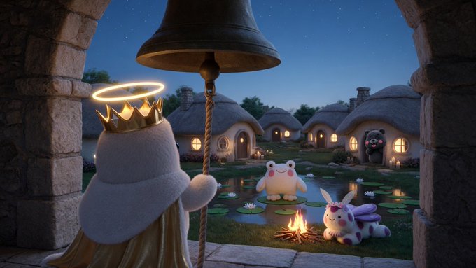 A haloed king in a hooded robe pulls a bronze bell in a quiet thatched-roof village at twilight, summoning small plush companions—a frog, bunny, and bear—who gather around a glowing campfire near a moonlit pond. The scene reflects the post's quiet anticipation, as the bell's toll answers the stillness and the tender creatures awaken, each small flame and open window echoing the poem's tender promise of arrival.