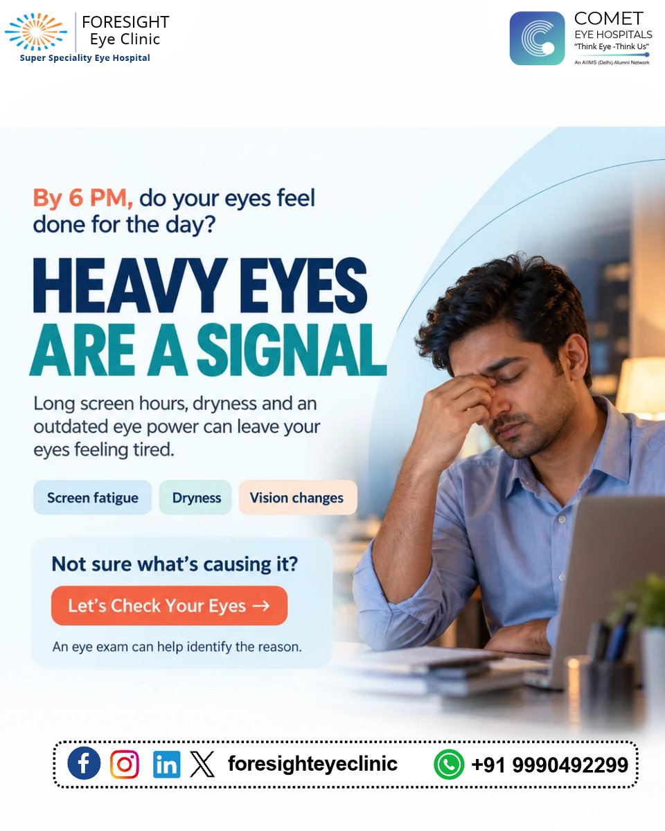 ForesightEye's tweet photo. Heavy, tired eyes every evening may be your eyes asking for a break. Extended laptop use, mobile screens, air conditioning, and insufficient blinking can increase discomfort.
Contact us on: +91 99904 92299
#eyecare #eyes #tiredeyes #digitaleyestrain #dryeye #foresighteyeclinic https://t.co/Mj6lpn71TN
