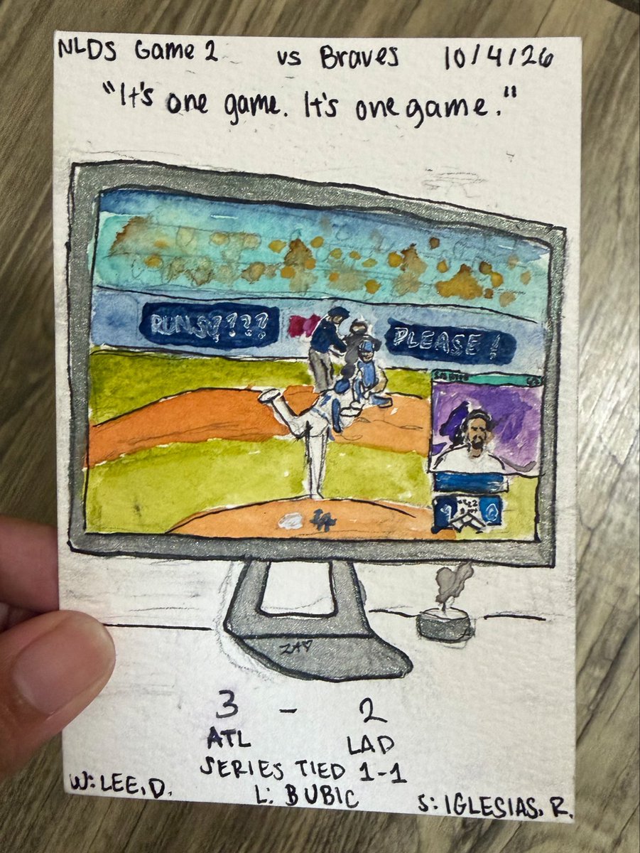 ZoeAdriel's tweet photo. A small painting every Dodger postseason game. 

Telling myself one game isn’t the end of the world because I will get mad if I don’t. 

My white gel pen stopped working today too :/ https://t.co/C5IPZGs5KV