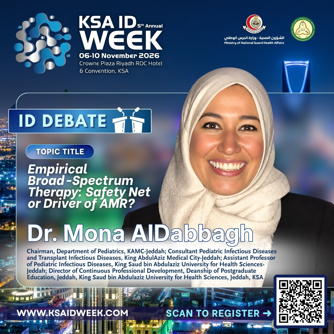 IDprofs's tweet photo. We are please to welcome DR. MONA ALDABBAGH to KSA ID Week 2026. 📢

Learn from the expert - register today!
📅 6-10 November 2026 | 📍 Crowne Plaza RDC, KSA
🌐 https://t.co/lE7NvY6ltJ

#KSAIDWeek2026 #InfectiousDiseases #MedicalEducation #Healthcare #Riyadh #SaudiArabia https://t.co/Ymz7quTUZ1
