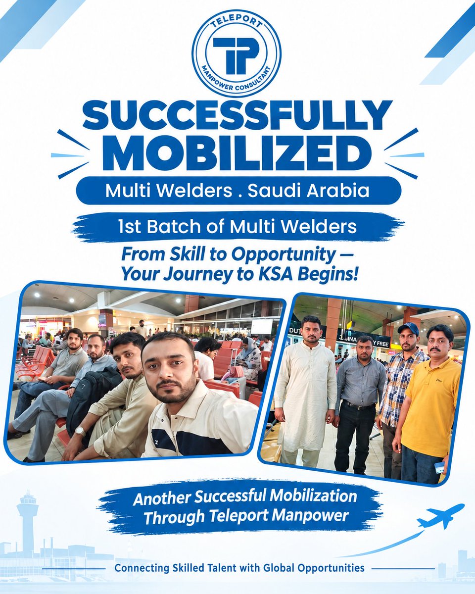 Teleportmanpow1's tweet photo. Another successful mobilization!   

Congratulations to our 1st batch of multi-welders deployed to Saudi Arabia!   

At Teleport Manpower, we connect skilled talent with global opportunities.   

#TeleportManpower #SaudiArabiaJobs #KSA #JobsAbroad #Recruitment https://t.co/KKYl64OCDp