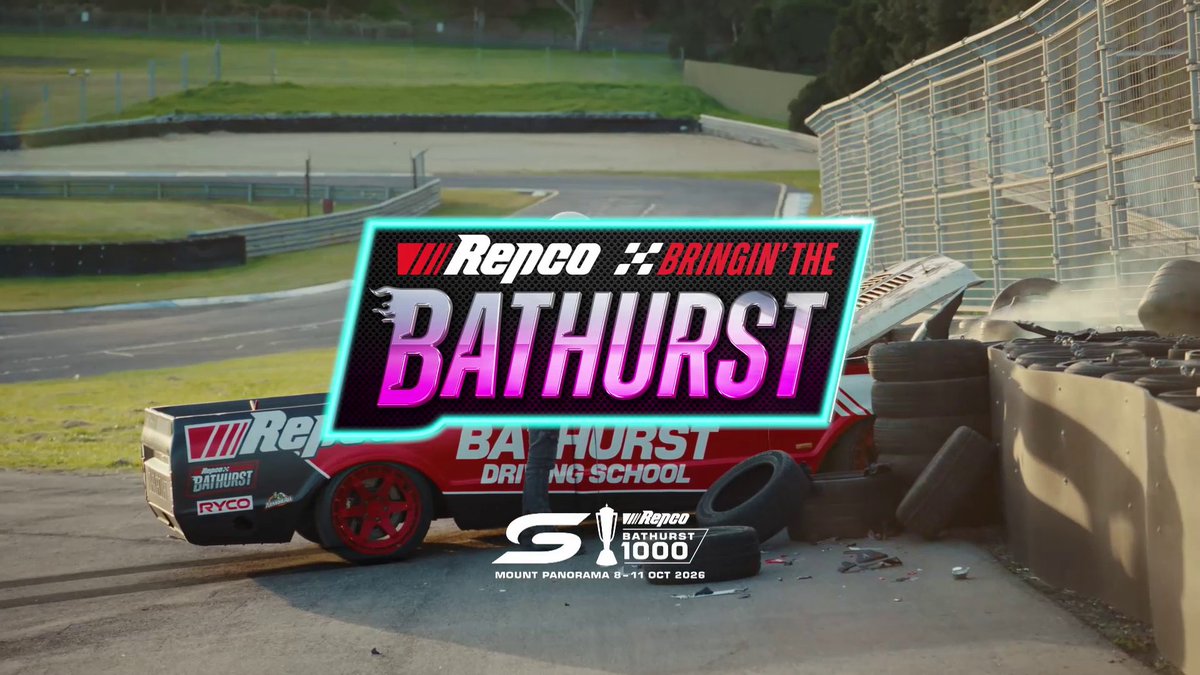 A promotional graphic for the 'Repco Bringin' the Bathurst' event, dated 8-11 OCT 2026, overlaying an image of a crashed race car at Mount Panorama.