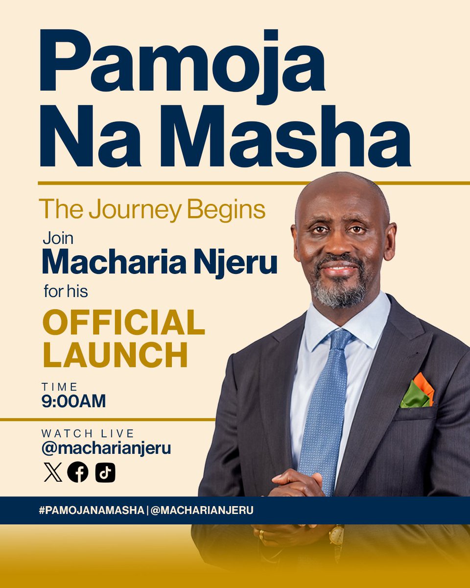 MachariaNjeru's tweet photo. The journey begins.

Today, I officially announce my bid for the Presidency of the Republic of Kenya.

This marks the beginning of a new journey — one rooted in unity, purpose, and a shared vision for our nation.

🗓️ Today, 5 October 2026
⏰ 9:00 AM
📲 Watch Live: @macharianjeru

I invite you to join me as I make this announcement and share my vision for the Kenya we can build together.

Be part of the conversation. Be part of the journey.

#PamojaNaMasha