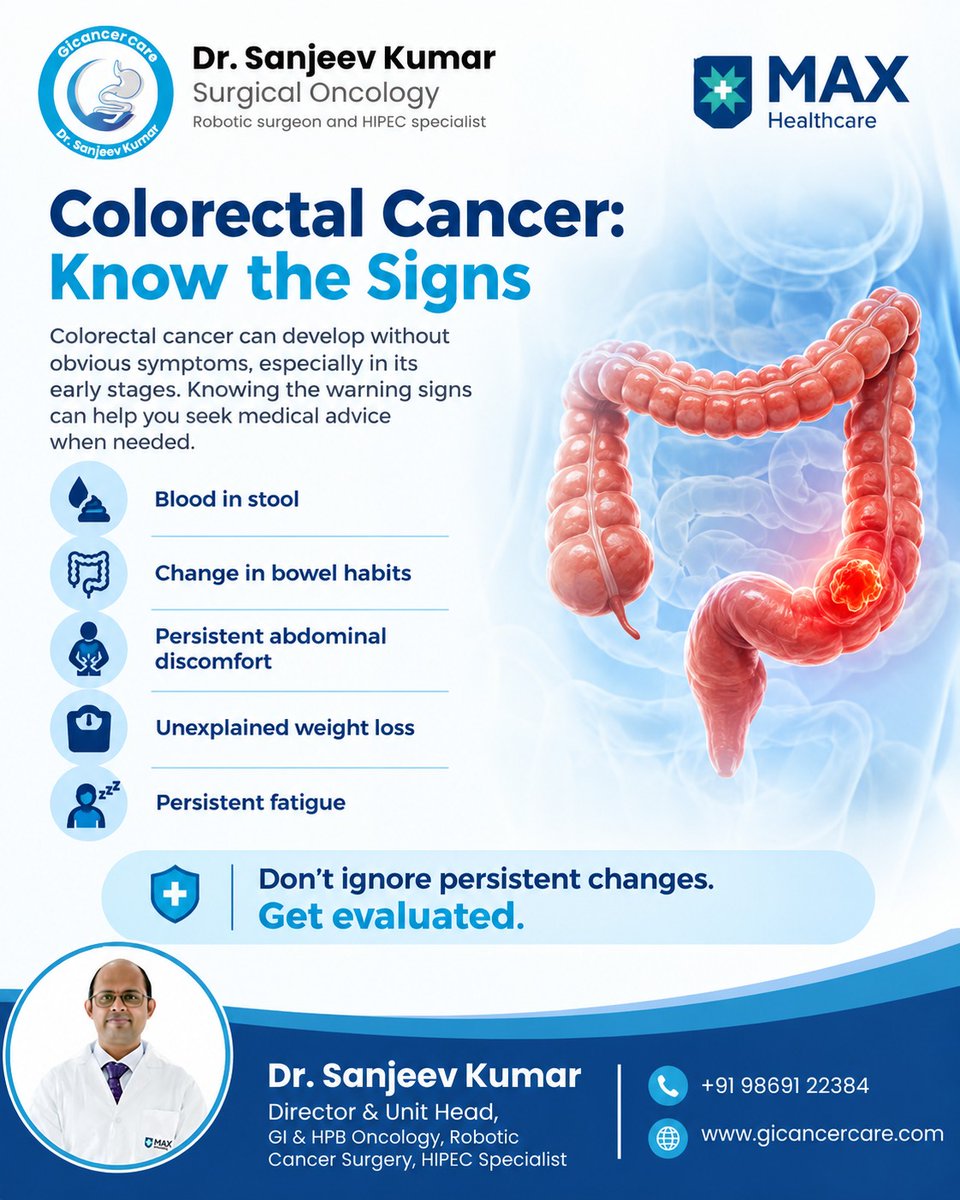 drsanjeev2003's tweet photo. Colorectal cancer can be silent in its early stages. Don’t ignore persistent changes in your bowel habits or unexplained symptoms.
#ColorectalCancer #ColonCancer #RectalCancer #SurgicalOncology #RoboticSurgery #RoboticCancerSurgery #HIPEC #CancerCare #DrSanjeevKumar https://t.co/iOwiEjGTdO
