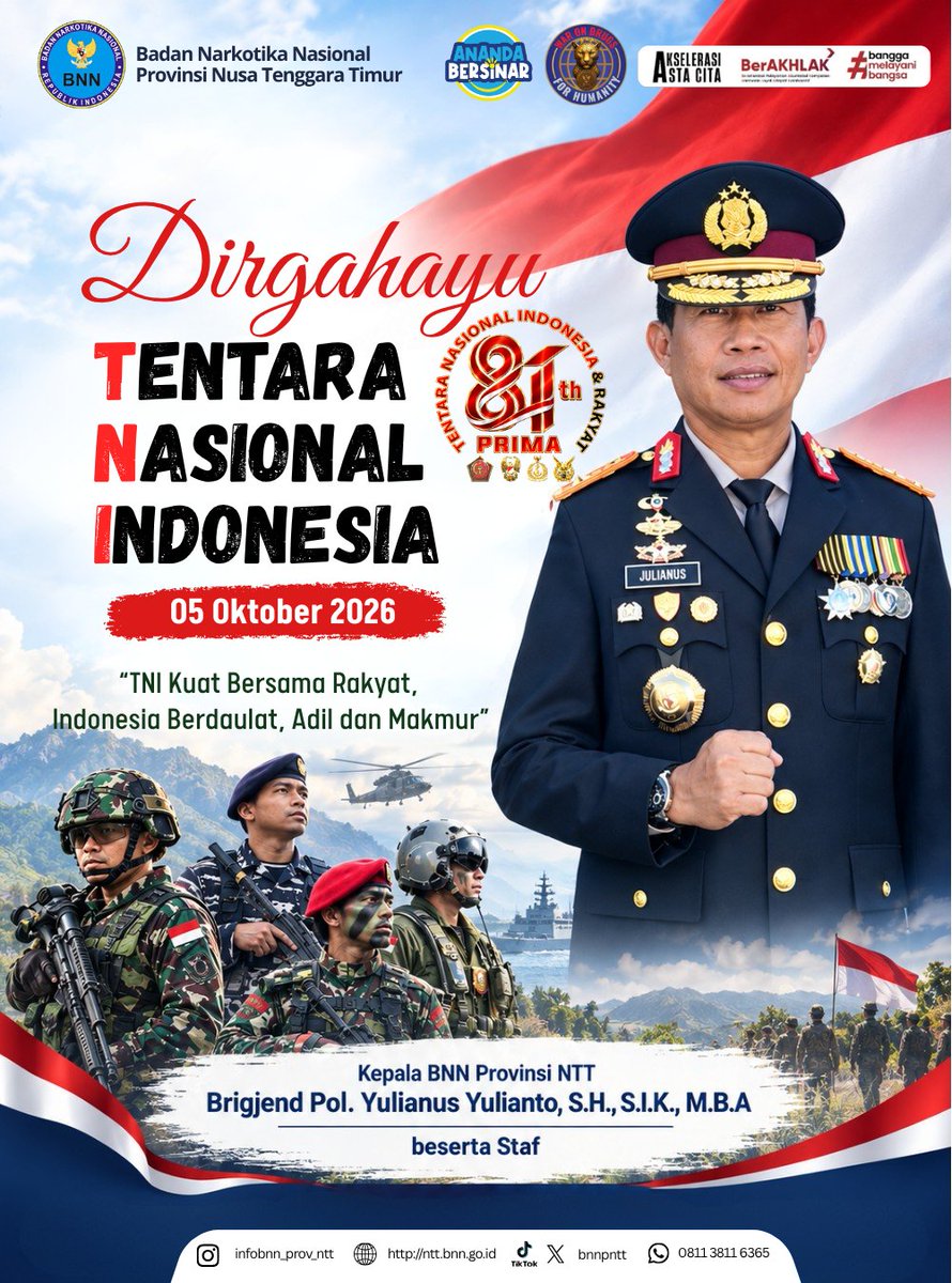 bnnpntt's tweet photo. 🇮🇩 Selamat Memperingati Hari TNI ke-81 🇮🇩
5 Oktober 2026

“TNI Kuat Bersama Rakyat, Indonesia Berdaulat Adil dan Makmur.”

Kepala BNN Provinsi NTT beserta staf dan jajaran mengucapkan selamat memperingati Hari Tentara Nasional Indonesia (TNI).

#HariTNI2026 #WarOnDrugsForHumanity https://t.co/5bFSUPf8yS