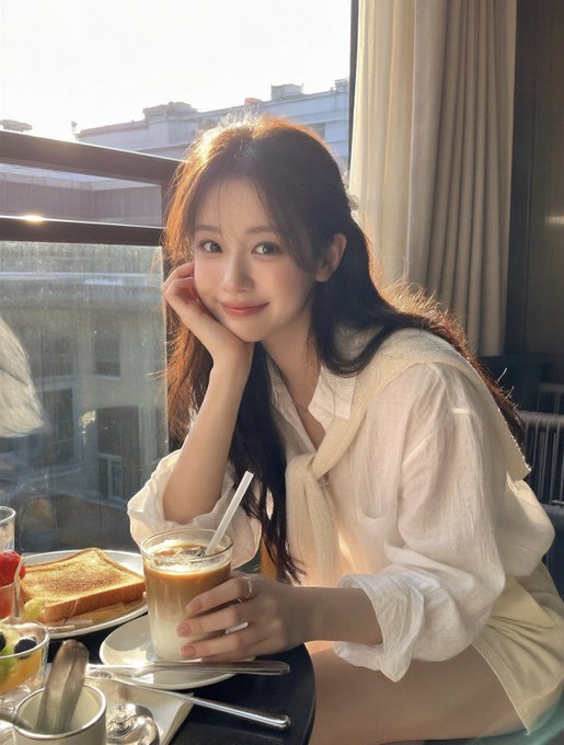 A young woman with long brown hair smiles warmly at the camera while resting her chin on her hand, seated at a cafe table with an iced coffee and toast.