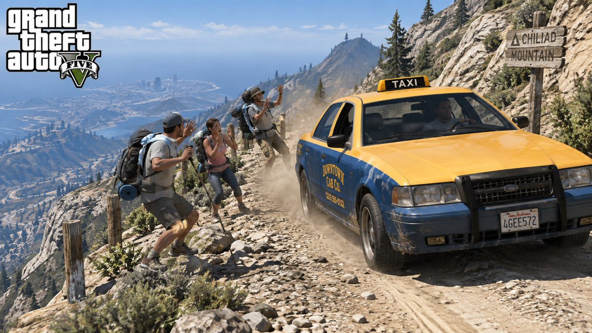 BxUYDC's tweet photo. プレステ3がYLODになるまで
(現在も故障中で修理を出していない〕GTA5のゲームで…タクシーを使い客を乗せて山🏔️まで移動。
チリアト山と他の山(名前が分からない)
#GTA #山 #登山 #ゲーム #ChatGPT #AI #PS3 #YLOD #GTA5 #タクシー https://t.co/HoYfAvmslg