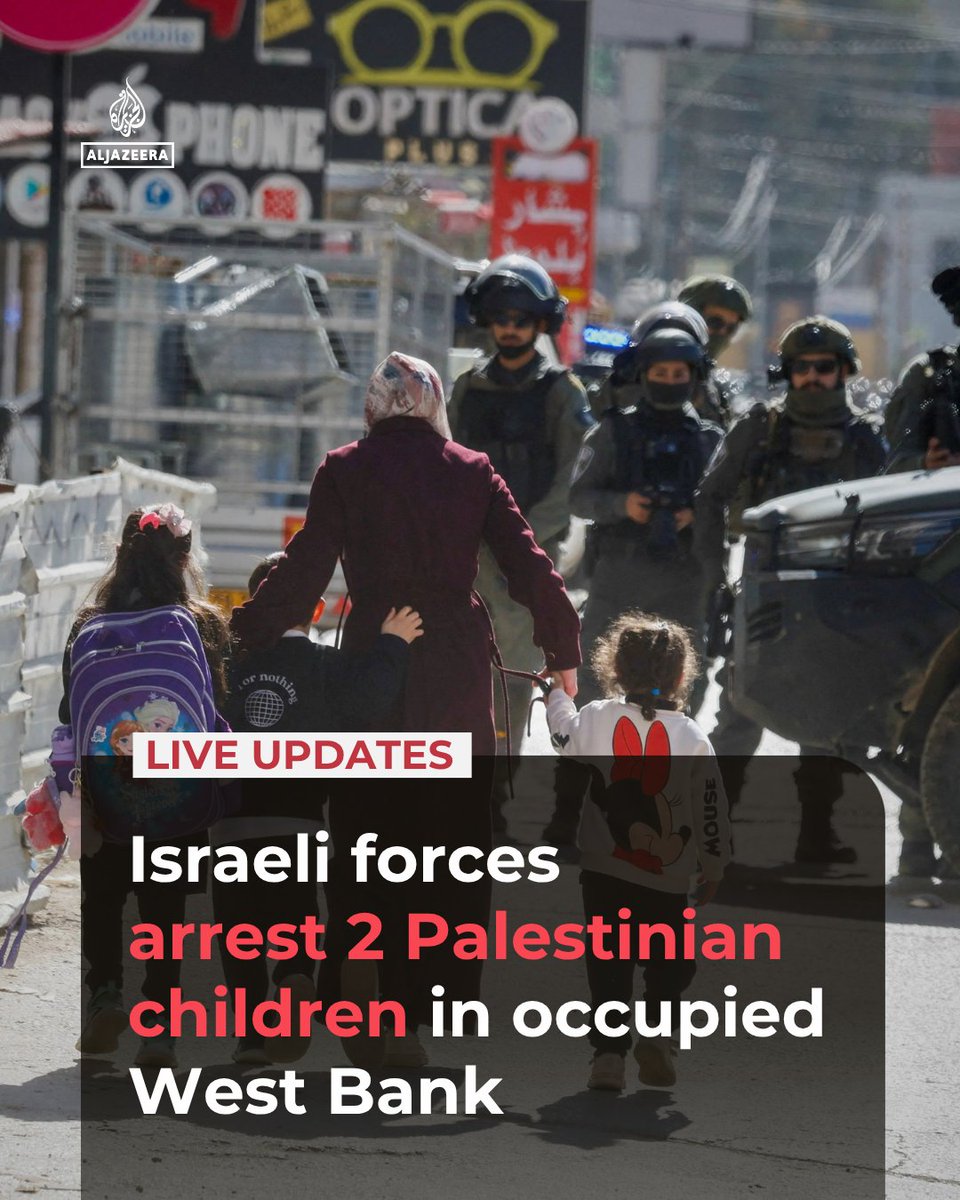 AJEnglish's tweet photo. The Israeli army has arrested two children west of Nablus in the occupied West Bank, according to the Wafa news agency. 

Imprisoned Palestinian children face beatings, severe restrictions on food, medical neglect, solitary confinement.

🔴 LIVE updates: https://t.co/xzpSo9XbtE https://t.co/2XsXolFloM