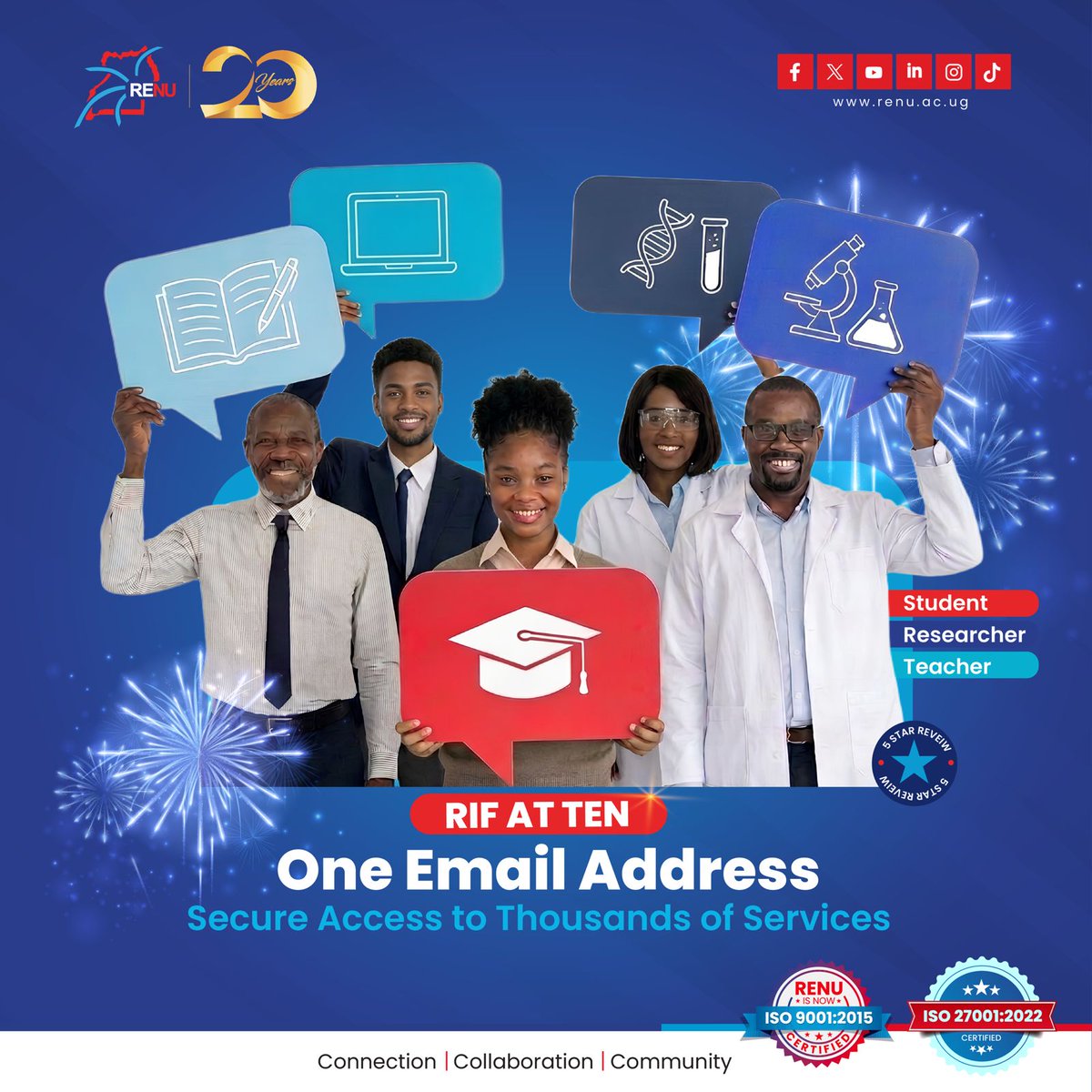 RENU_256's tweet photo. One Email Address. Secure Access to Thousands of Services.

For 10 years, the RENU Identity Federation (RIF) has been opening digital doors for Uganda’s research and education community.

RIF is a trusted identity framework that enables students, researchers and staff to securely access participating digital services using institutional email credentials.

From its beginnings in 2016, RIF has grown to 464 participating institutions and, through eduGAIN, connects Uganda’s research and education community to a global ecosystem of more than 8,000 Identity and Service Providers.

Here’s to 10 years of building trust, expanding access and unlocking new possibilities for learning, research and collaboration! 🎉

Read the full story: https://t.co/084d9OZMbh

@Educ_SportsUg @MoICT_Ug @ISOC_Foundation @UCC_Official @STIsecretariat @GEANTnews @UbuntuNet @WACREN @ASRENorg @SomaliREN @Maren_net @ZambiaRen @R4LPartnership @ORCID_Org @REfieldstories