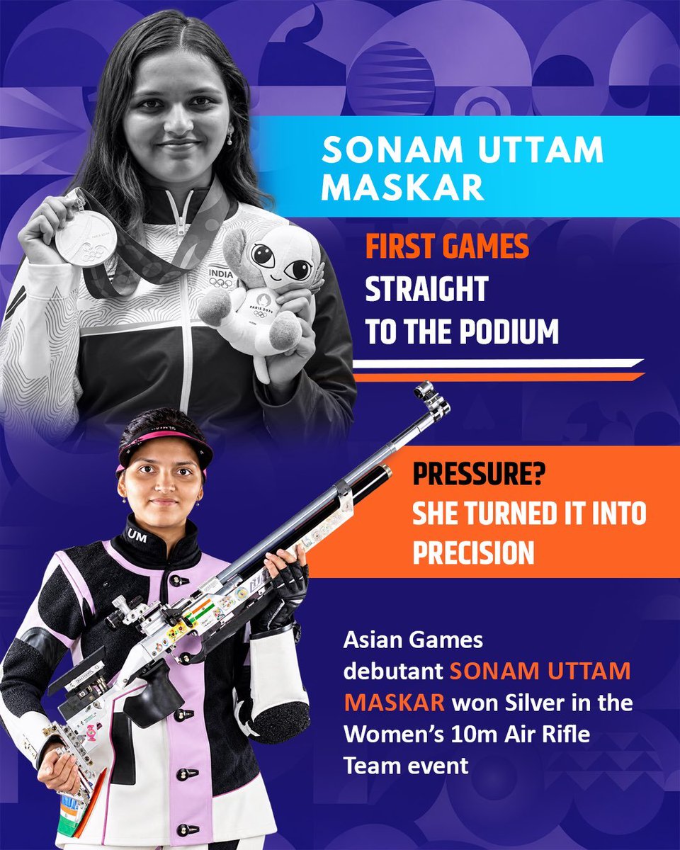 CBCNanded's tweet photo. DEBUT → PODIUM!
Sonam Uttam Maskar had fired her way to a team silver in her first Asian Games. Calm aim,
historic result! 🇮🇳 🔥
#BharatKiChampions https://t.co/K0BojCvS6B
