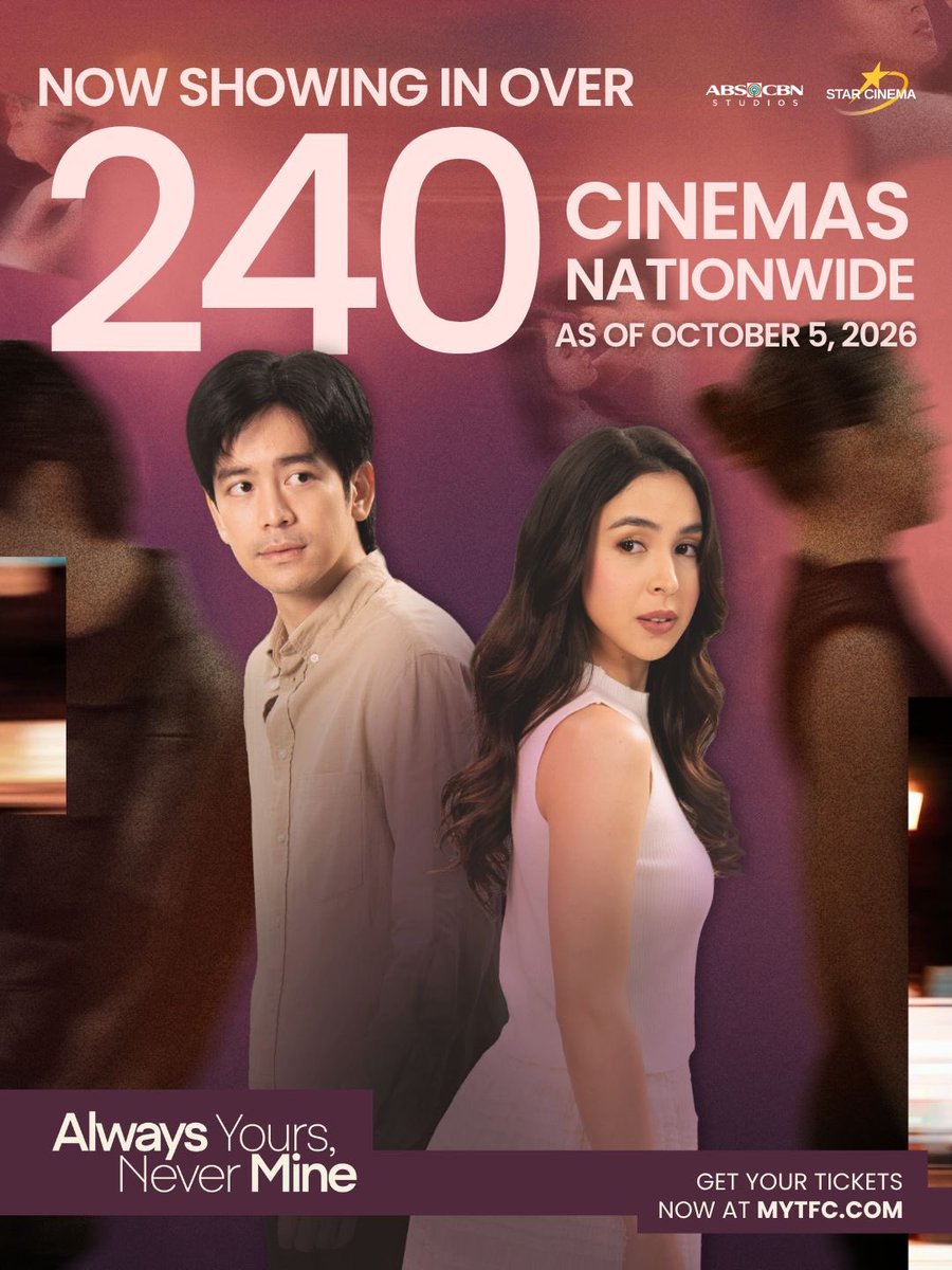 StarCinema's tweet photo. Always Yours, Never Mine is NOW SHOWING in over 240 cinemas nationwide! 💫

Samahan niyo kami sa arapaap! Get your tickets now at https://t.co/fB3YeAsYjT 🎟️

#AlwaysYoursNeverMine — a film by Cathy Garcia-Sampana. NOW SHOWING in over 240 cinemas nationwide 🌙 https://t.co/5JsCUOXbLv