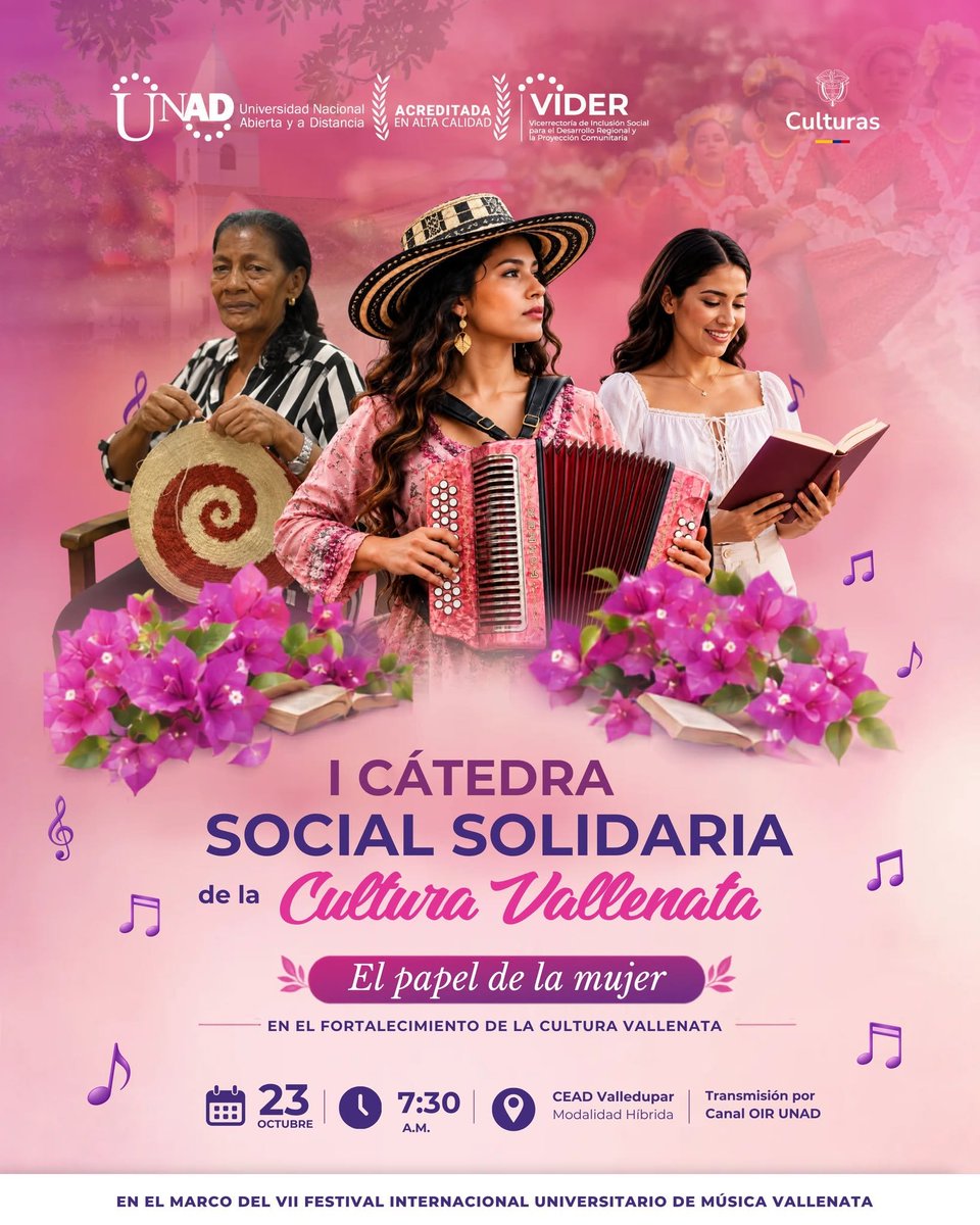 ElOIRdelaRegion's tweet photo. Semana del 5_10 de octubre, abrimos un espacio para reconocer el valor del trabajo comunitario, Precampamentos #ZCSUR #ZSUR y el aporte de las mujeres en la construcción, preservación y transformación de nuestras culturas.
En el marco del VII Festival Internacional Universitario de Música Vallenata, la I Cátedra Social Solidaria de la Cultura Vallenata nos invita a escuchar las voces, saberes y experiencias de mujeres que mantienen viva una tradición que se construye colectivamente desde los territorios.
�� 23 de octubre
⏰ 7:30 a. m.
📍 Presencial: CEAD Valledupar
💻 Modalidad híbrida
🔴 Transmisión por YouTube: https://t.co/qmQTkPnDdl
Territorios que reconocen sus voces, comunidades que preservan su memoria y mujeres que mantienen viva nuestra cultura. 💜
#Campamentos #CulturaVallenata #TrabajoComunitario #UNAD #VIIFestivalVallenato #MujeresQueInspiran #AcciónTerritorial #CátedraSocialSolidaria