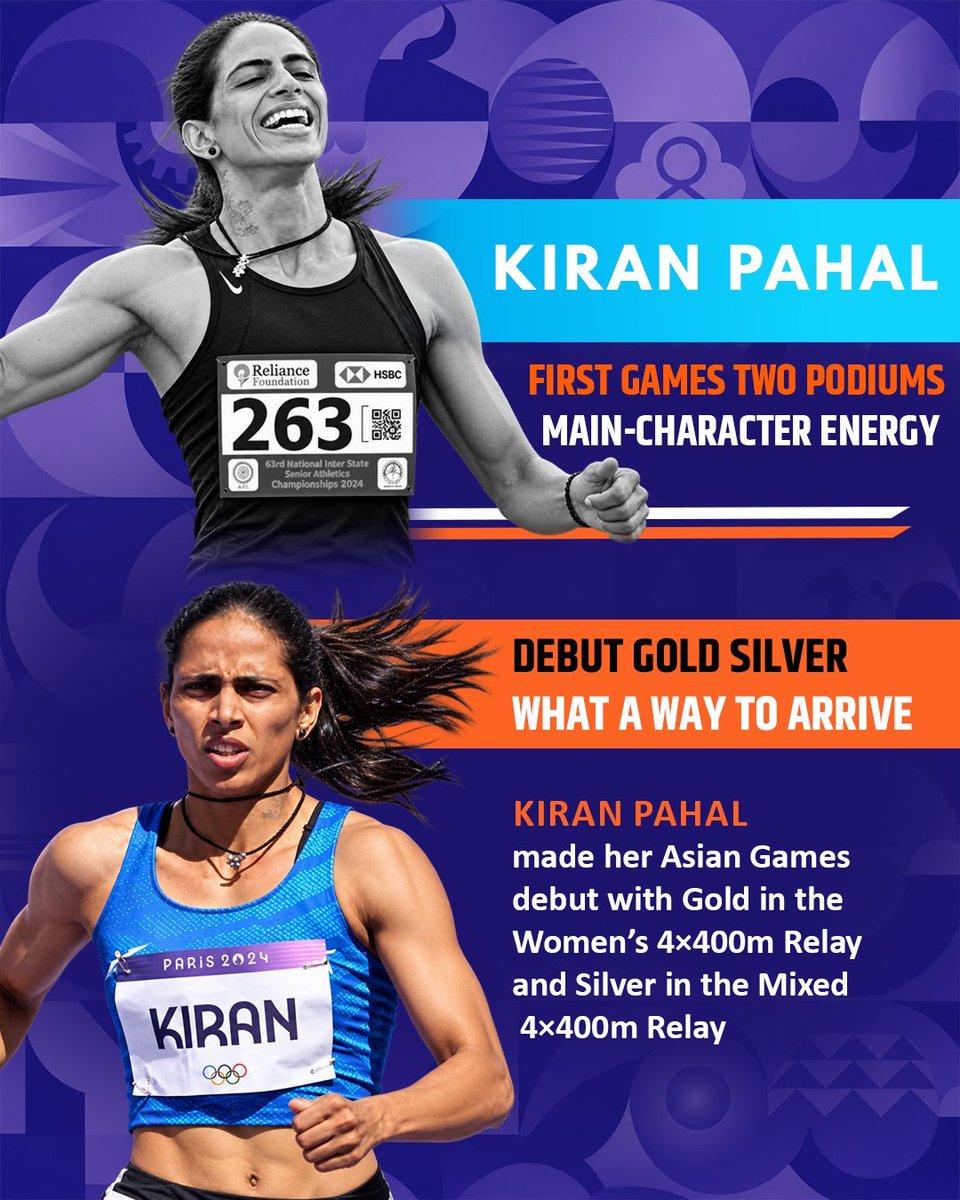 CBCNanded's tweet photo. FIRST GAMES. TWO PODIUMS. ZERO MISSES!

Kiran Pahal had made her Asian Games debut with gold and silver. Talk about making an entrance! 🔥🥇🥈🇮🇳

#BharatKiChampions https://t.co/dl5x7UMFfT