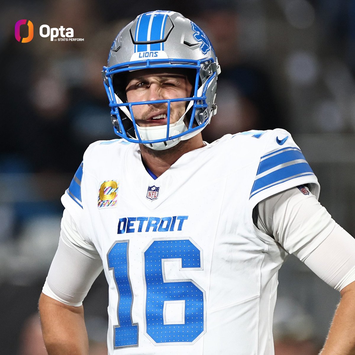 OptaSTATS's tweet photo. Jared Goff is the only QB in NFL history to have 1200+ passing yards and no turnovers through 4 games of a season and yet not have a winning record. https://t.co/vwKEHLmmKL