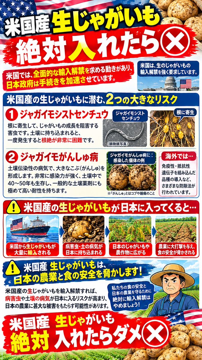 maru5657's tweet photo. アメリカからの圧力で国内自給率100%にもかかわらず、病害中リスク、日本の農業そのものへのリスクが懸念されている、生ジャガイモ輸入問題

新たに残留農薬のリスクまで‼️
農薬なのに扱いは食品添加物‼️
🇺🇸産生ジャガイモは絶対入れたらダメです🙅‍♀️

ダメ‼️ダメ‼️絶対ダメ‼️ https://t.co/AnoSyqHR4H