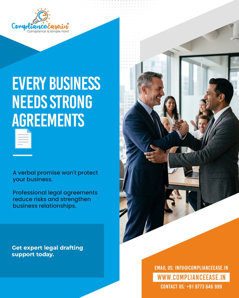 ComplianceeaseI's tweet photo. Every Business Needs Strong Agreements π
A verbal promise won't protect your business.
#LegalDrafting #BusinessContracts #LegalCompliance #ComplianceEaseIN #RiskManagement #BusinessProtection #startupguruom https://t.co/4VzETpTOqU