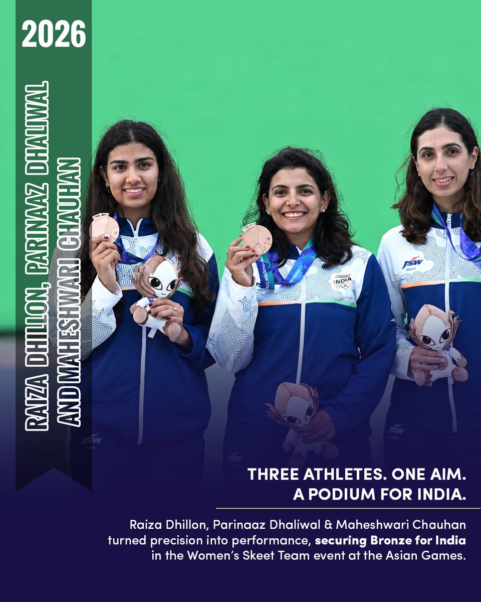 STC_Bengaluru's tweet photo. Three athletes, one collective effort and a podium finish for India. Raiza Dhillon, Parinaaz Dhaliwal and Maheshwari Chauhan secured bronze in the Women’s Skeet Team event at the Asian Games.
 #BharatSetsNewRecords https://t.co/UWPe3thrET