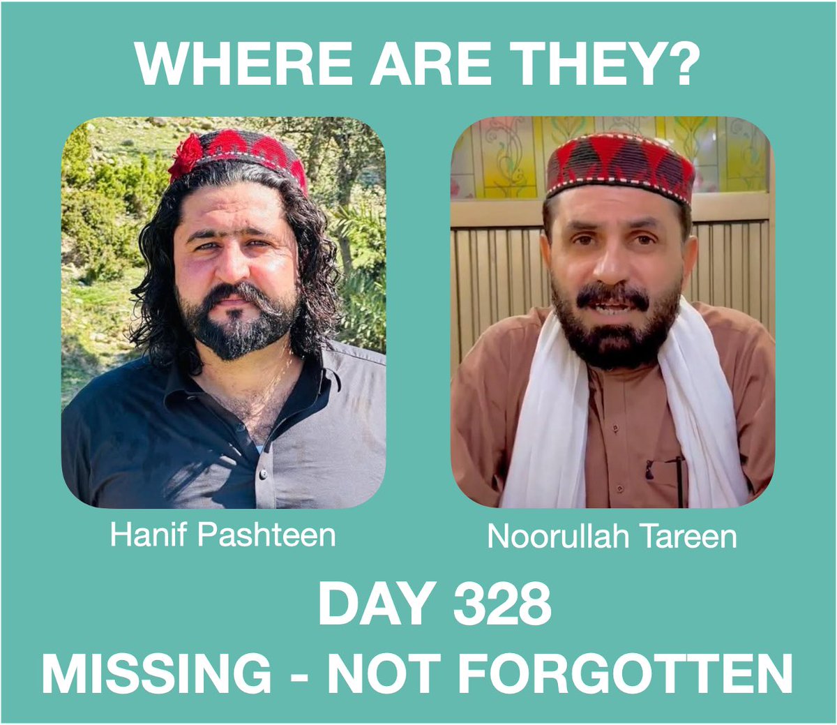 samanthaleaning's tweet photo. MISSING, NOT FORGOTTEN - 5th October 2026 - Day 328

When a person disappears, the answer cannot simply be silence.

An effective investigation must seek to establish what happened, where the person/persons are and who was responsible.

The UN has repeatedly emphasised the obligation to investigate enforced disappearances and clarify the fate and whereabouts of those who disappear.

328 days is far too long for two families to remain without answers.

Where are Noorullah Tareen and Hanif Pashteen?

@SohailAfridiISF @CSKPOfficial @FCDOGovUK @GovtofPakistan @GovernmentKP 

#WhereIsPTMDelegation #EndEnforcedDisappearances
#WhereIsNoorUllahTareen
#WhereIsHanifPashteen